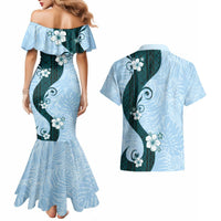 Polynesia Hibiscus Couples Matching Mermaid Dress and Hawaiian Shirt Sky Blue Curve Motif LT05 - Polynesian Pride
