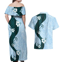 Polynesia Hibiscus Couples Matching Off Shoulder Maxi Dress and Hawaiian Shirt Sky Blue Curve Motif LT05 - Polynesian Pride