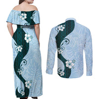 Polynesia Hibiscus Couples Matching Off Shoulder Maxi Dress and Long Sleeve Button Shirt Sky Blue Curve Motif LT05 - Polynesian Pride