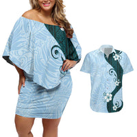 Polynesia Hibiscus Couples Matching Off Shoulder Short Dress and Hawaiian Shirt Sky Blue Curve Motif LT05 Blue - Polynesian Pride