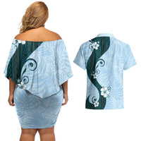 Polynesia Hibiscus Couples Matching Off Shoulder Short Dress and Hawaiian Shirt Sky Blue Curve Motif LT05 - Polynesian Pride