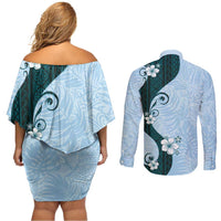 Polynesia Hibiscus Couples Matching Off Shoulder Short Dress and Long Sleeve Button Shirt Sky Blue Curve Motif LT05 - Polynesian Pride