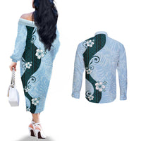 Polynesia Hibiscus Couples Matching Off The Shoulder Long Sleeve Dress and Long Sleeve Button Shirt Sky Blue Curve Motif LT05 - Polynesian Pride