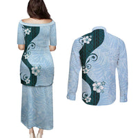 Polynesia Hibiscus Couples Matching Puletasi and Long Sleeve Button Shirt Sky Blue Curve Motif LT05 - Polynesian Pride