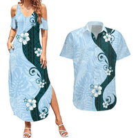 Polynesia Hibiscus Couples Matching Summer Maxi Dress and Hawaiian Shirt Sky Blue Curve Motif LT05 Blue - Polynesian Pride