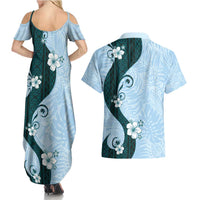 Polynesia Hibiscus Couples Matching Summer Maxi Dress and Hawaiian Shirt Sky Blue Curve Motif LT05 - Polynesian Pride