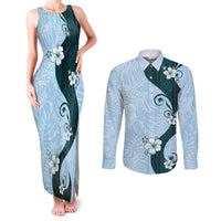 Polynesia Hibiscus Couples Matching Tank Maxi Dress and Long Sleeve Button Shirt Sky Blue Curve Motif LT05 Blue - Polynesian Pride
