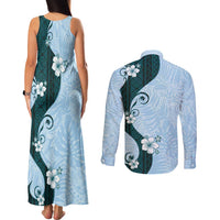 Polynesia Hibiscus Couples Matching Tank Maxi Dress and Long Sleeve Button Shirt Sky Blue Curve Motif LT05 - Polynesian Pride