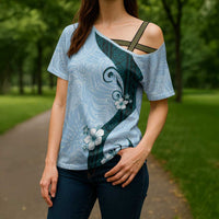 Polynesia Hibiscus Cross Shoulder Shirt Sky Blue Curve Motif LT05 - Polynesian Pride