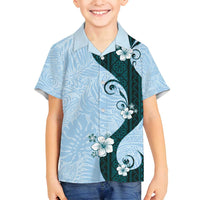 Polynesia Hibiscus Family Matching Long Sleeve Bodycon Dress and Hawaiian Shirt Sky Blue Curve Motif - Polynesian Pride