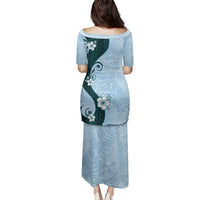 Polynesia Hibiscus Family Matching Puletasi and Hawaiian Shirt Sky Blue Curve Motif - Polynesian Pride