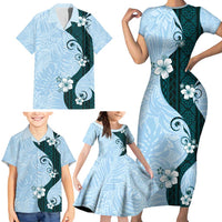 Polynesia Hibiscus Family Matching Short Sleeve Bodycon Dress and Hawaiian Shirt Sky Blue Curve Motif - Polynesian Pride