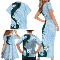 Polynesia Hibiscus Family Matching Short Sleeve Bodycon Dress and Hawaiian Shirt Sky Blue Curve Motif - Polynesian Pride