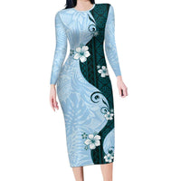 Polynesia Hibiscus Long Sleeve Bodycon Dress Sky Blue Curve Motif - Polynesian Pride