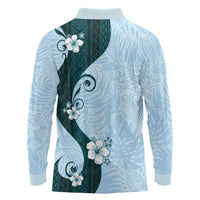 Polynesia Hibiscus Long Sleeve Polo Shirt Sky Blue Curve Motif LT05 - Polynesian Pride