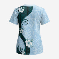 Polynesia Hibiscus Scrub Top Sky Blue Curve Motif LT05 - Polynesian Pride