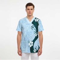 Polynesia Hibiscus Scrub Top Sky Blue Curve Motif LT05 - Polynesian Pride