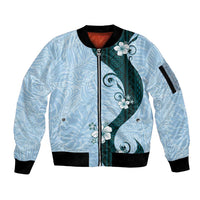 Polynesia Hibiscus Sleeve Zip Bomber Jacket Sky Blue Curve Motif - Polynesian Pride