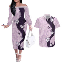 Polynesia Hibiscus Couples Matching Off The Shoulder Long Sleeve Dress and Hawaiian Shirt Thistle Curve Motif LT05 Purple - Polynesian Pride
