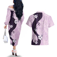 Polynesia Hibiscus Couples Matching Off The Shoulder Long Sleeve Dress and Hawaiian Shirt Thistle Curve Motif LT05 - Polynesian Pride