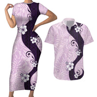 Polynesia Hibiscus Couples Matching Short Sleeve Bodycon Dress and Hawaiian Shirt Thistle Curve Motif LT05 Purple - Polynesian Pride