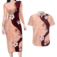 Polynesia Hibiscus Couples Matching Long Sleeve Bodycon Dress and Hawaiian Shirt Rose Bud Curve Motif LT05 Red - Polynesian Pride
