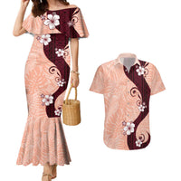 Polynesia Hibiscus Couples Matching Mermaid Dress and Hawaiian Shirt Rose Bud Curve Motif LT05 Red - Polynesian Pride