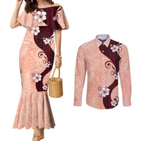 Polynesia Hibiscus Couples Matching Mermaid Dress and Long Sleeve Button Shirt Rose Bud Curve Motif LT05 Red - Polynesian Pride