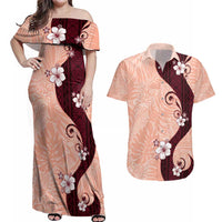 Polynesia Hibiscus Couples Matching Off Shoulder Maxi Dress and Hawaiian Shirt Rose Bud Curve Motif LT05 Red - Polynesian Pride