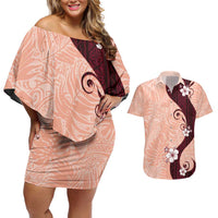 Polynesia Hibiscus Couples Matching Off Shoulder Short Dress and Hawaiian Shirt Rose Bud Curve Motif LT05 Red - Polynesian Pride