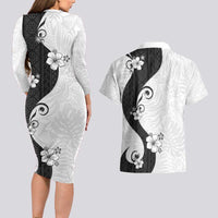 Polynesia Hibiscus Couples Matching Long Sleeve Bodycon Dress and Hawaiian Shirt White Curve Motif LT05 - Polynesian Pride