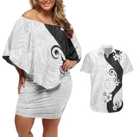 Polynesia Hibiscus Couples Matching Off Shoulder Short Dress and Hawaiian Shirt White Curve Motif LT05 White - Polynesian Pride