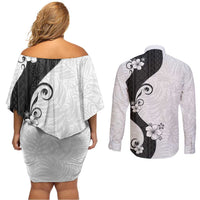 Polynesia Hibiscus Couples Matching Off Shoulder Short Dress and Long Sleeve Button Shirt White Curve Motif LT05 - Polynesian Pride