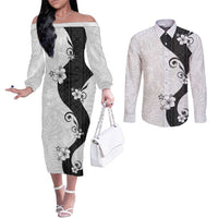 Polynesia Hibiscus Couples Matching Off The Shoulder Long Sleeve Dress and Long Sleeve Button Shirt White Curve Motif LT05 White - Polynesian Pride