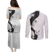 Polynesia Hibiscus Couples Matching Puletasi and Long Sleeve Button Shirt White Curve Motif LT05 - Polynesian Pride