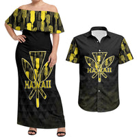Personalised Aloha Hawaii Kahili Couples Matching Off Shoulder Maxi Dress and Hawaiian Shirt Kanaka Maoli With Kakau Pattern LT05 Black - Polynesian Pride
