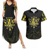 Personalised Aloha Hawaii Kahili Couples Matching Summer Maxi Dress and Hawaiian Shirt Kanaka Maoli With Kakau Pattern LT05 Black - Polynesian Pride