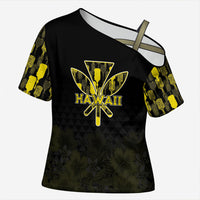 Personalised Aloha Hawaii Kahili Cross Shoulder Shirt Kanaka Maoli With Kakau Pattern LT05 Female Black - Polynesian Pride