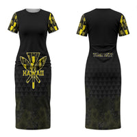 Personalised Aloha Hawaii Kahili Family Matching Short Sleeve Bodycon Dress and Hawaiian Shirt Kanaka Maoli With Kakau Pattern LT05 Mom's Dress Black - Polynesian Pride