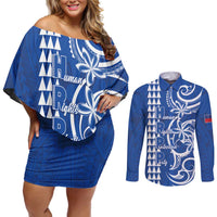 Samoa HRPP Party Couples Matching Off Shoulder Short Dress and Long Sleeve Button Shirt Polynesian Pattern LT05 Blue - Polynesian Pride