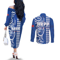 Samoa HRPP Party Couples Matching Off The Shoulder Long Sleeve Dress and Long Sleeve Button Shirt Polynesian Pattern LT05 - Polynesian Pride