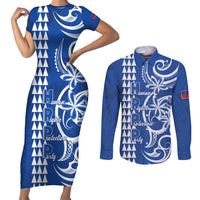 Samoa HRPP Party Couples Matching Short Sleeve Bodycon Dress and Long Sleeve Button Shirt Polynesian Pattern LT05 Blue - Polynesian Pride