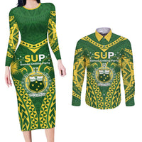 Samoa SUP Couples Matching Long Sleeve Bodycon Dress and Long Sleeve Button Shirt Samoan Coat Of Arms LT05 Green - Polynesian Pride