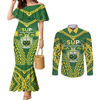 Samoa SUP Couples Matching Mermaid Dress and Long Sleeve Button Shirt Samoan Coat Of Arms LT05 Green - Polynesian Pride