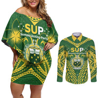 Samoa SUP Couples Matching Off Shoulder Short Dress and Long Sleeve Button Shirt Samoan Coat Of Arms LT05 Green - Polynesian Pride