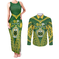 Samoa SUP Couples Matching Tank Maxi Dress and Long Sleeve Button Shirt Samoan Coat Of Arms LT05 Green - Polynesian Pride