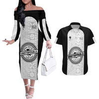 Personalized Fiji Obstacle Race 2023 Couples Matching Off The Shoulder Long Sleeve Dress and Hawaiian Shirt Never Give Up LT05 Black - Polynesian Pride