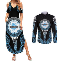 Personalized Fiji Obstacle Race 2023 Couples Matching Summer Maxi Dress and Long Sleeve Button Shirts Go Champion LT05 Blue - Polynesian Pride