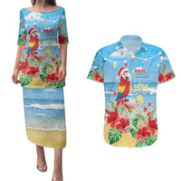 Hawaii Christmas Couples Matching Puletasi and Hawaiian Shirt Funny Macaw Parrot Tropical Vibe LT05 Blue - Polynesian Pride