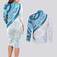 Blue Polynesian Tribal Turtle Floral Pattern Couples Matching Long Sleeve Bodycon Dress and Long Sleeve Button Shirt LT05 - Polynesian Pride